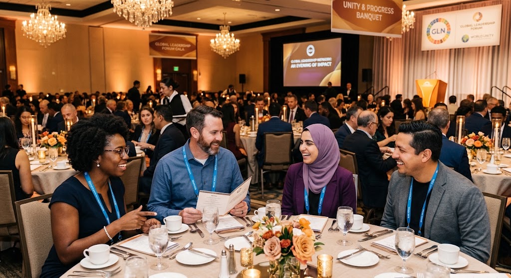 Guests networking at an organization banquet